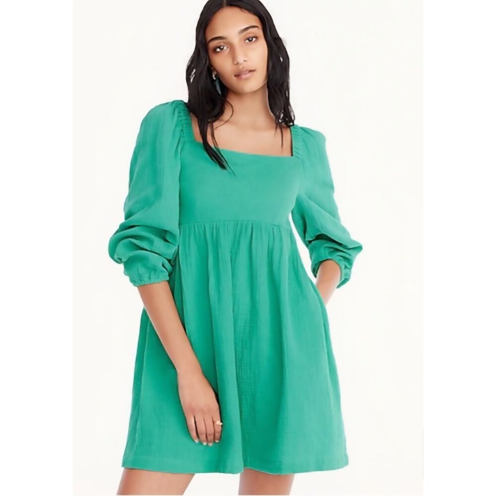 J.Crew Soft Crinkle Gauze Mini Dress M Green Square Neck Puff Sleeve Cottagecore